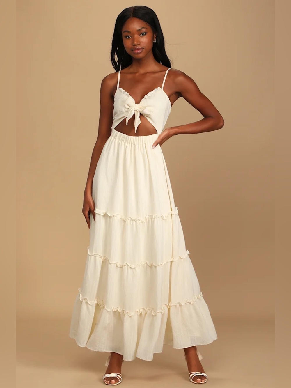 Lulus Tier It Up Cream Knotted Front Tiered Ruffled Maxi Dress in Cream, Size S